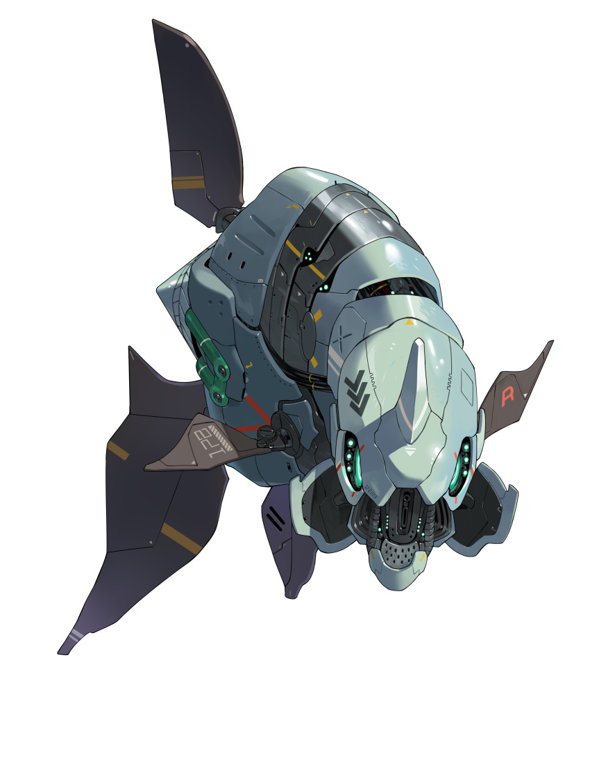 absurdres fins full_body green_eyes highres looking_at_viewer mechanization no_humans pokemon pokemon_(creature) remoraid robot science_fiction simple_background solo tail_fin white_background yunimaru