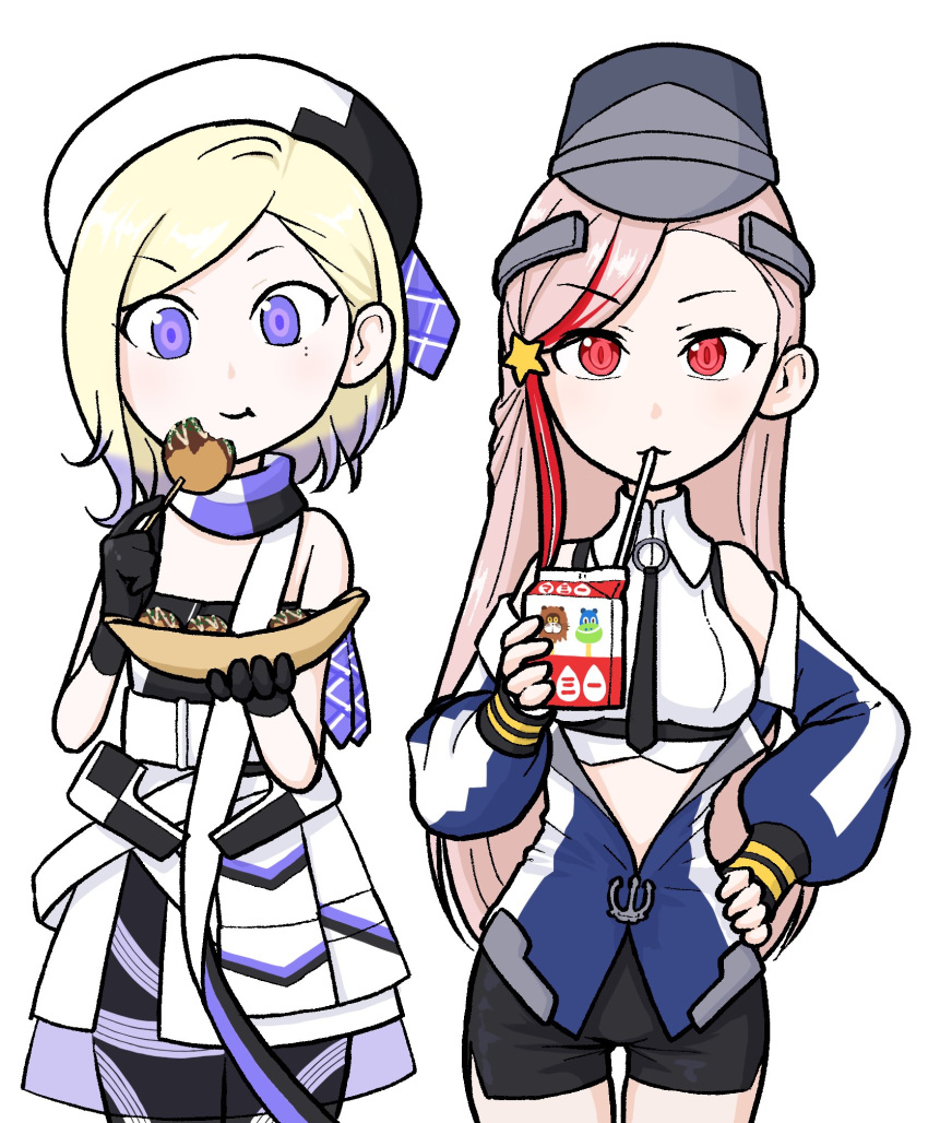 2girls bare_shoulders beret black_gloves black_headwear black_necktie black_scarf black_shorts blonde_hair blue_eyes blue_hair blue_jacket blue_scarf breasts cowboy_shot drink drinking drinking_straw drinking_straw_in_mouth eating flat_chest food gloves gradient_hair hat highres holding holding_drink holding_food jacket jean_bart_(kancolle) juice_box kantai_collection large_breasts long_hair massachusetts_(kancolle) mole mole_under_eye multicolored_clothes multicolored_hair multicolored_jacket multicolored_scarf multiple_girls necktie nemurakka red_eyes redhead scarf shirt short_hair short_shorts shorts sleeveless sleeveless_shirt smile standing strapless strapless_shirt streaked_hair two-tone_headwear white_headwear white_jacket white_scarf white_shirt