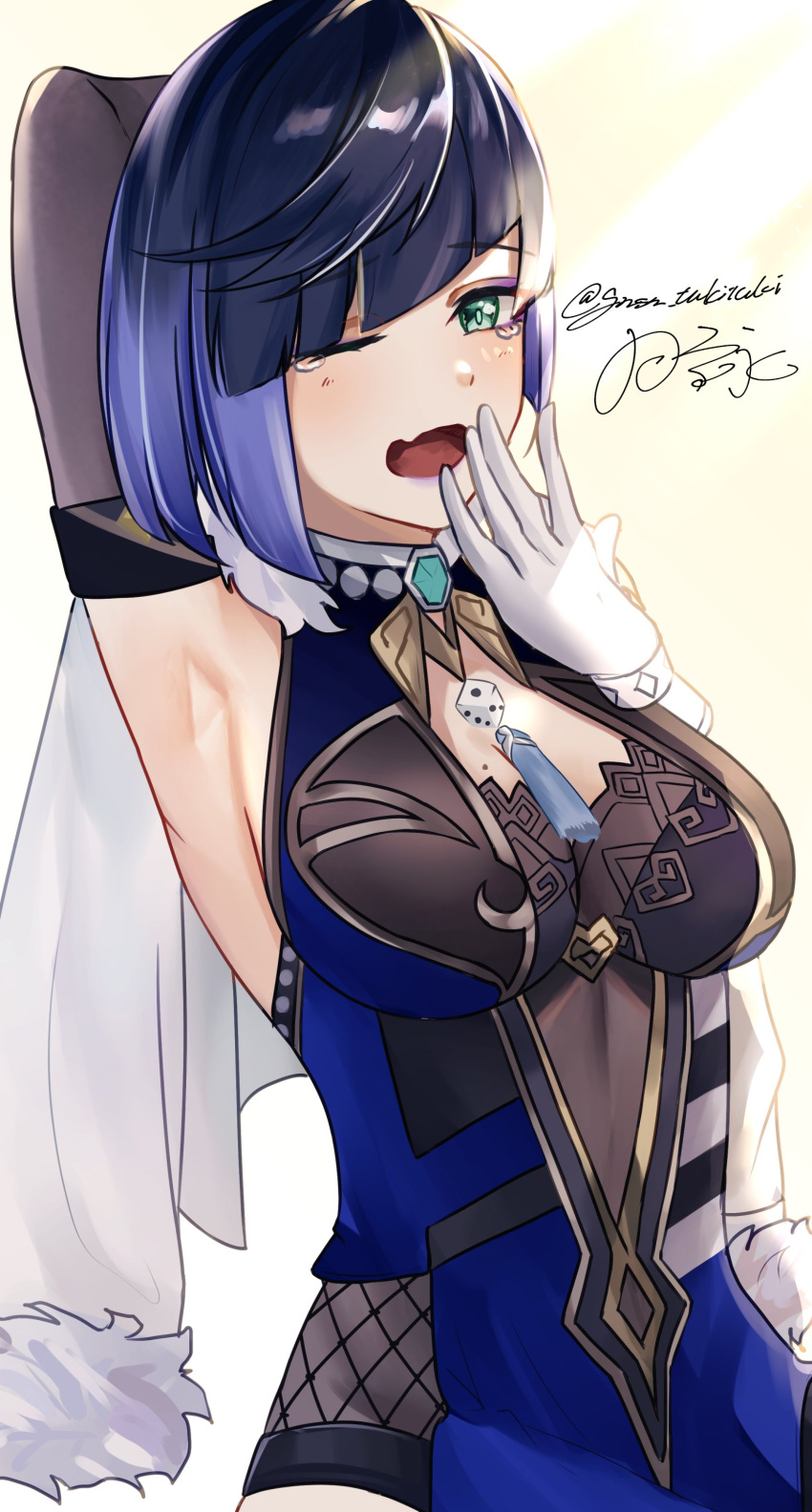 1girl absurdres arm_up bangs black_gloves blue_eyes blue_hair breasts chinese_clothes dice elbow_gloves eyebrows_hidden_by_hair genshin_impact gloves gnsn_tukituki highres looking_at_viewer one_eye_closed open_mouth short_hair solo white_gloves yawning yelan_(genshin_impact)