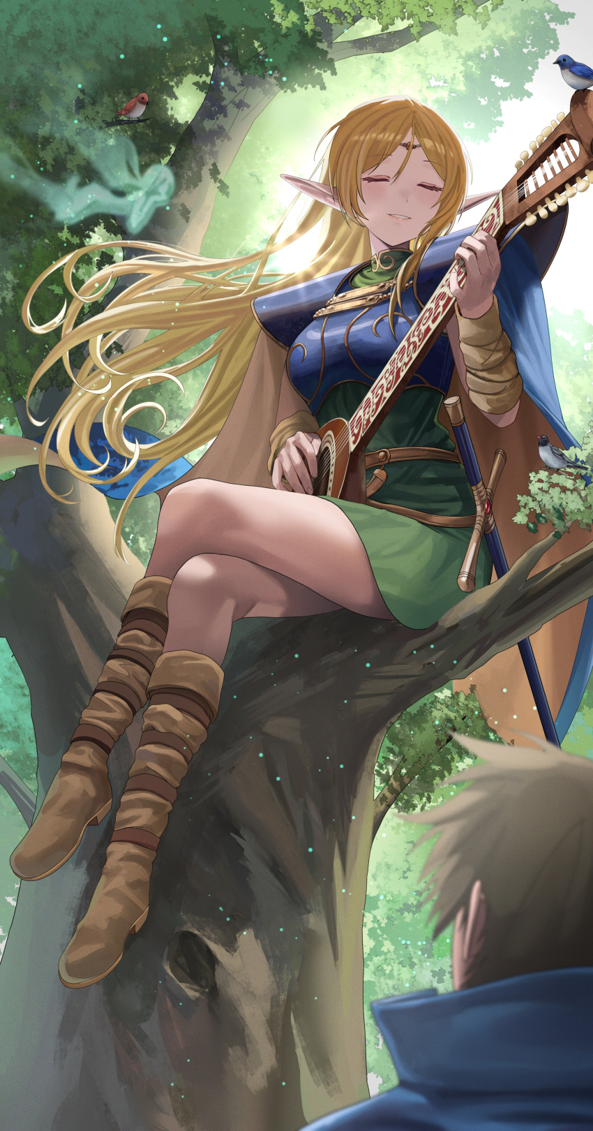 1boy 1girl absurdres armor bangs bird blonde_hair blue_cape boots breastplate brown_footwear brown_hair cape circlet closed_eyes crossed_legs deedlit dress elf facing_viewer floating_hair full_body green_dress hair_between_eyes highres holding holding_instrument in_tree instrument knee_boots long_hair outdoors pointy_ears record_of_lodoss_war shiny shiny_hair short_dress shoulder_armor silvertsuki sitting sitting_in_tree solo_focus straight_hair sun sunlight tree very_long_hair