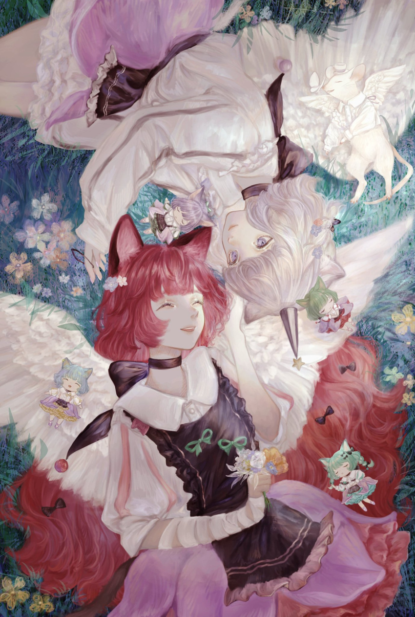 6+girls angel_wings animal_ears black_choker character_request chibi chino_(valis) choker closed_eyes dress feathered_wings flower green_hair grey_hair grey_horn hat highres horns long_sleeves lying mouse multiple_girls neffy_(valis) on_back on_side outdoors puffy_long_sleeves puffy_sleeves redhead shirone_(coxo_ii) short_hair single_horn valis_(sinsekai) violet_eyes white_wings wings