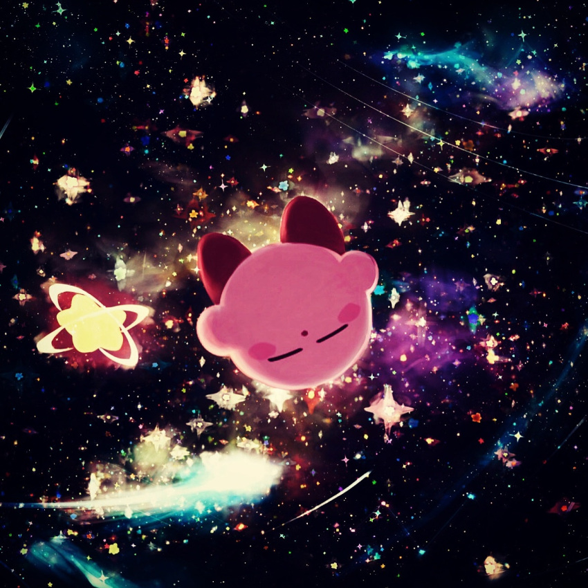 closed_eyes comet facing_viewer full_body galaxy kirby kirby_(series) no_humans outdoors solo space star_(sky) suyasuyabi upside-down