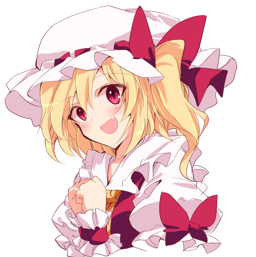 1girl :d bangs bow fang flandre_scarlet hat hat_bow highres ichimura_kanata looking_at_viewer one-hour_drawing_challenge one_side_up open_mouth red_bow red_eyes short_sleeves simple_background smile solo touhou upper_body white_background white_headwear wrist_cuffs