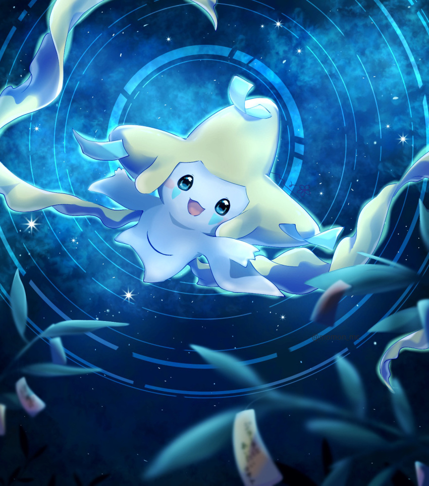 :d blue_eyes blurry blurry_foreground commentary facial_mark highres ibispaint_(medium) jirachi looking_at_viewer momon_mc open_mouth outdoors outstretched_arm pokemon pokemon_(creature) smile sparkle star_(sky) tanabata