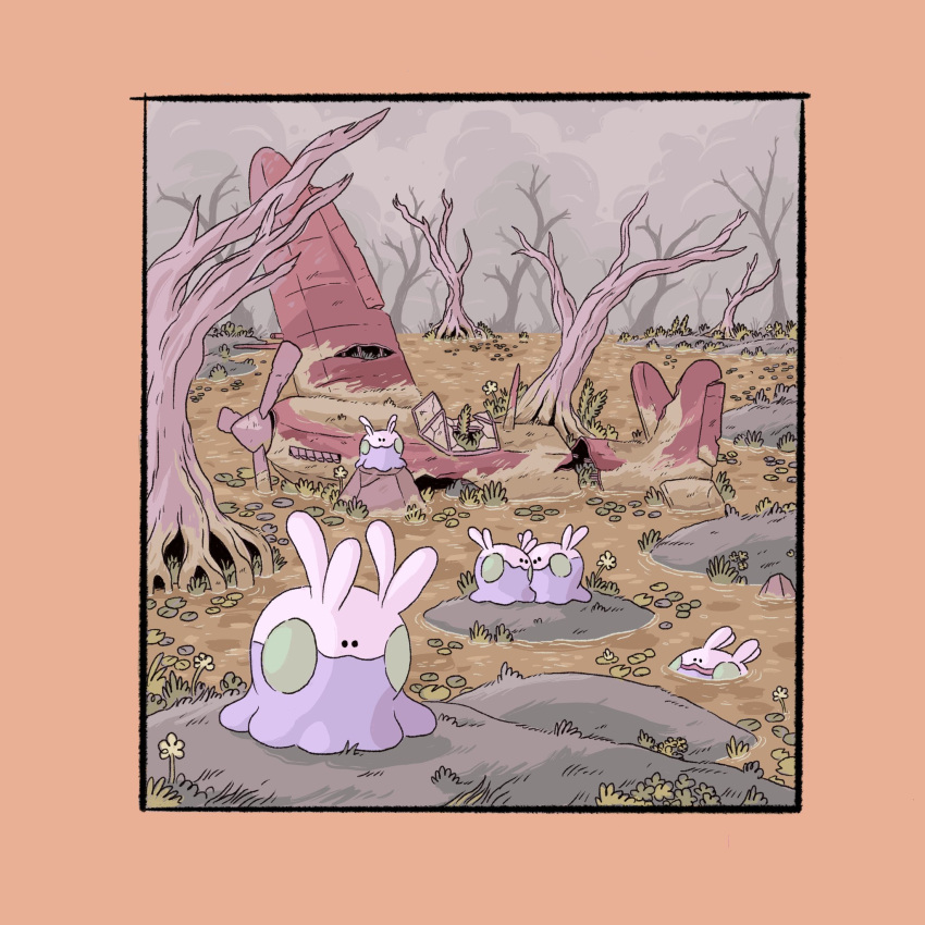 aircraft airplane broken closed_mouth clouds cloudy_sky field goomy grass highres hug open_mouth pokemon pokemon_(creature) rock sky slug swing thetimecowboy tree wetland