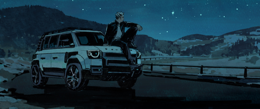 1boy absurdres arm_support black_hair black_pants blue_theme bokuto_koutarou car chengongzi123 ground_vehicle haikyuu!! highres jacket knee_up limited_palette looking_away male_focus motor_vehicle mountainous_horizon multicolored_hair on_vehicle outdoors outstretched_arm pants road shoes short_hair sitting solo spiky_hair star_(sky) streaked_hair two-tone_hair white_hair wide_shot