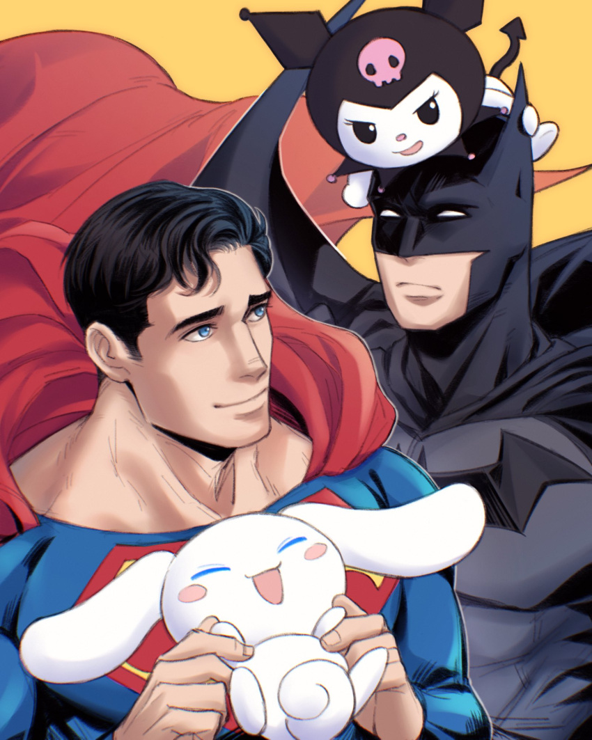 2boys batman batman_(series) black_cape black_hair blue_bodysuit blue_eyes bodysuit bruce_wayne cape clark_kent closed_mouth dc_comics grey_bodysuit highres holding holding_stuffed_toy kuromi large_pectorals looking_at_another male_focus mask multiple_boys muscular muscular_male onegai_my_melody pectorals red_cape sanrio short_hair smile stuffed_toy superhero superman superman_(series) xuanmai_alter