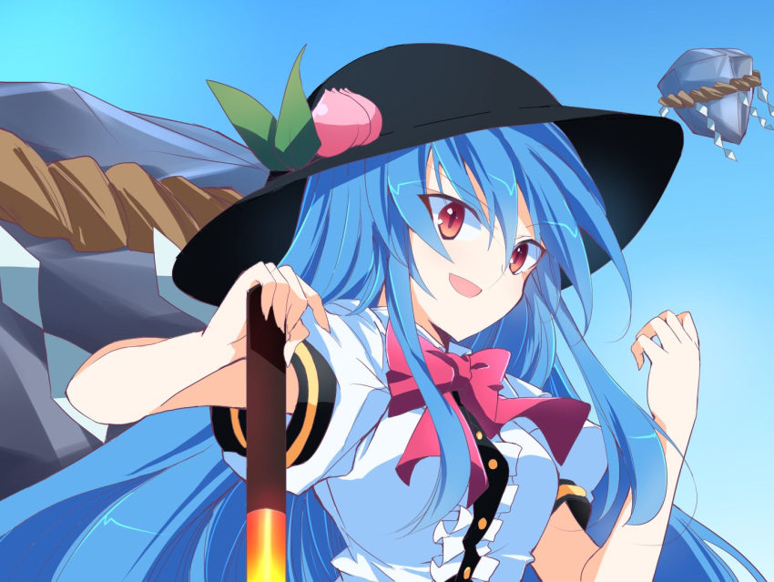 1girl :d black_headwear blue_hair blue_sky bow bowtie food fruit hinanawi_tenshi holding holding_sword holding_weapon ichimura_kanata keystone leaf long_hair looking_at_viewer open_mouth peach red_bow red_bowtie red_eyes rope shimenawa short_sleeves sky smile solo sword sword_of_hisou touhou upper_body weapon