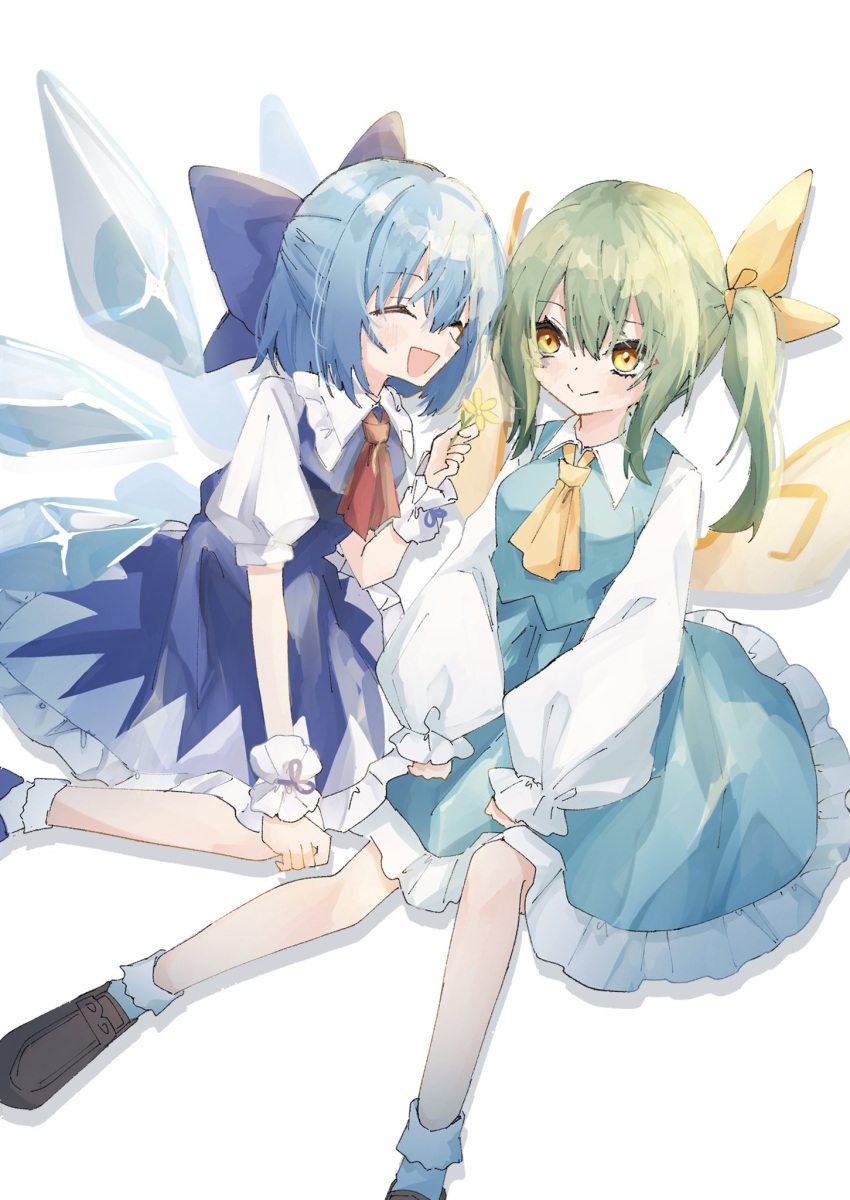 2girls ascot black_footwear blue_bow blue_dress blue_hair bobby_socks bow cirno closed_eyes closed_mouth daiyousei dress fairy_wings green_hair hair_bow highres long_sleeves looking_at_another multiple_girls red_ascot sabatuki shirt short_sleeves side_ponytail simple_background sitting smile socks touhou white_background white_shirt white_socks wings yellow_ascot yellow_eyes