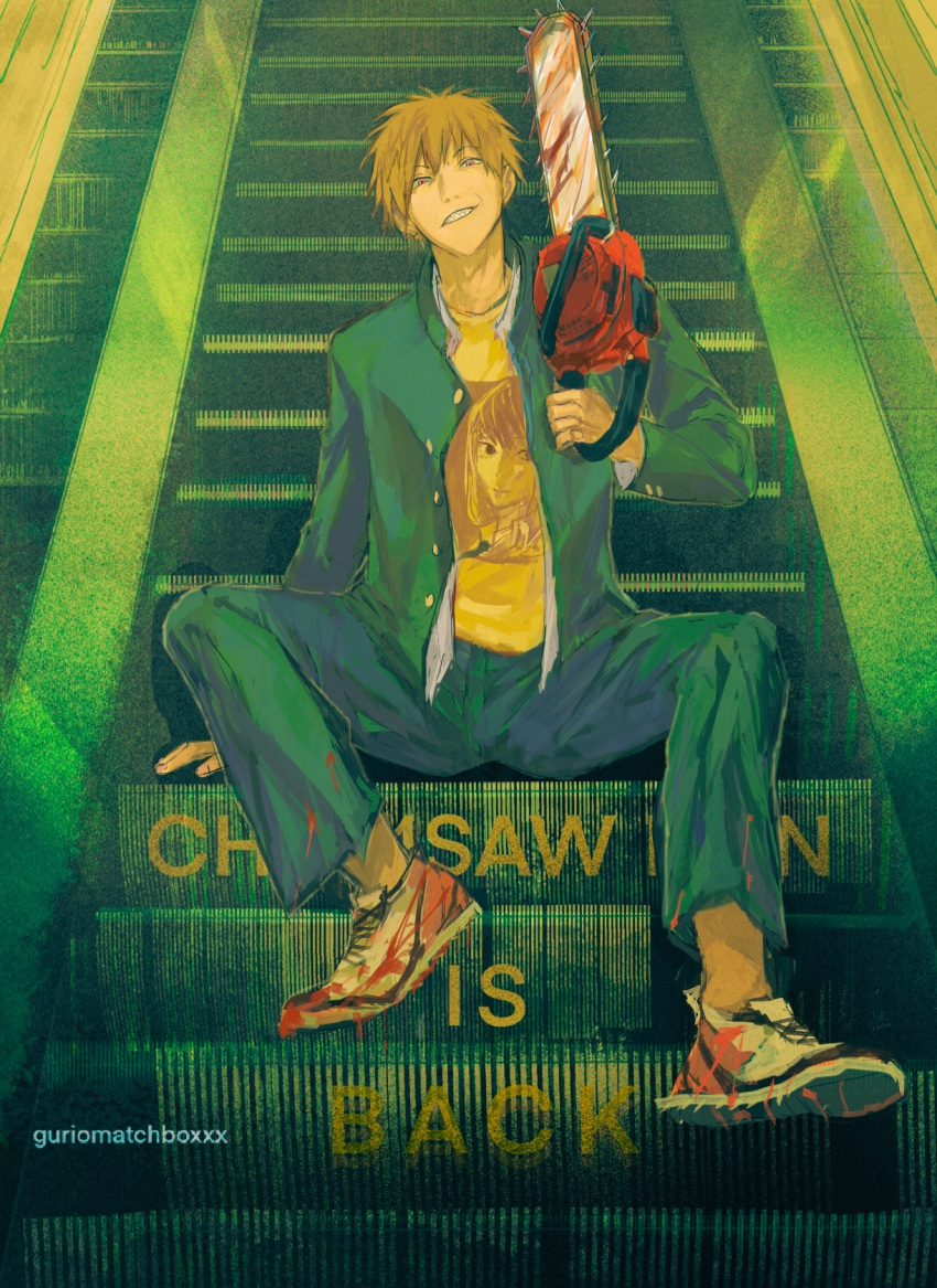 1boy black_jacket black_necktie blonde_hair blood blood_on_clothes blood_on_shoes blood_on_weapon chainsaw chainsaw_man denji_(chainsaw_man) escalator guri_otoko highres jacket looking_at_viewer makima_(chainsaw_man) necktie school_uniform sharp_teeth shoes sitting sitting_on_stairs smile sneakers solo spiky_hair stairs teeth weapon