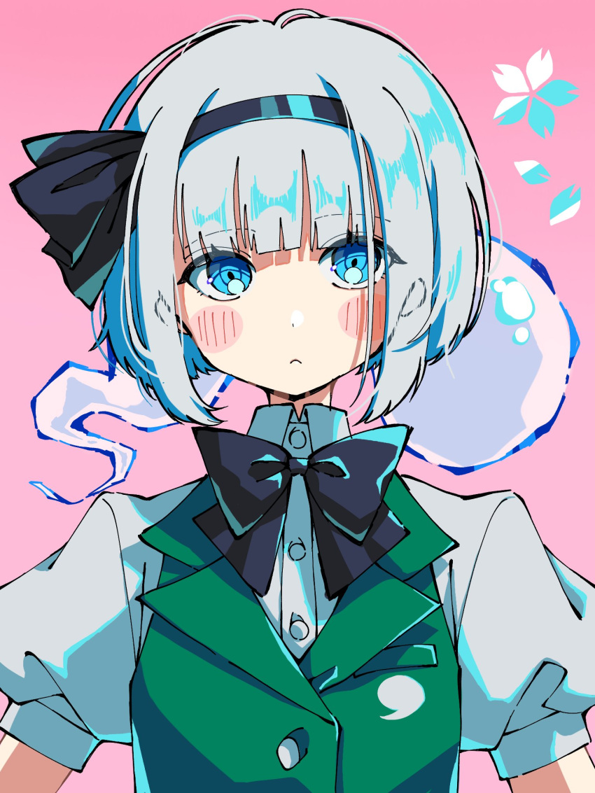 1girl :&lt; bangs black_bow black_bowtie black_hairband blue_eyes blush blush_stickers bob_cut bow bowtie buttons closed_mouth collared_shirt commentary_request green_vest grey_hair hairband highres hitodama_print konpaku_youmu konpaku_youmu_(ghost) looking_at_viewer pink_background puffy_short_sleeves puffy_sleeves shirt short_hair short_sleeves simple_background solo touhou upper_body vest wakamarunn33 wing_collar