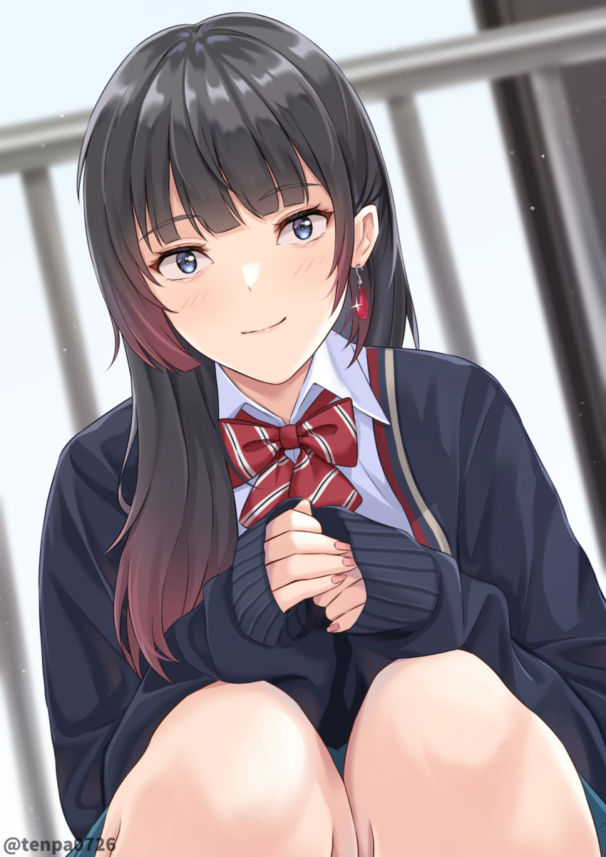 1girl artist_name bangs black_hair black_jacket blazer blue_eyes blurry blurry_background blush bow bowtie closed_mouth commentary_request gradient_hair highres jacket long_hair multicolored_hair original railing red_bow red_bowtie redhead school_uniform smile solo striped striped_bow striped_bowtie tenpa_(tenpa2190) twitter_username watermark