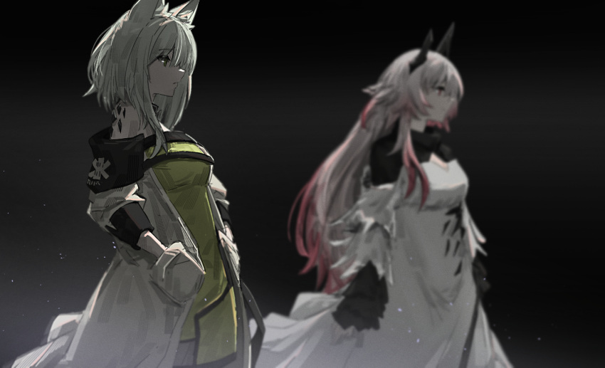 2girls animal_ear_fluff animal_ears arknights bangs bare_shoulders black_background blurry blurry_background breasts cat_ears closed_mouth coat cowboy_shot depth_of_field dress gradient_hair green_dress green_eyes grey_hair hands_in_pockets highres horns kal'tsit_(arknights) long_hair long_sleeves looking_afar lumirumi medium_breasts multicolored_hair multiple_girls off_shoulder open_clothes open_coat oripathy_lesion_(arknights) pink_hair red_eyes short_hair simple_background smile star_of_life theresa_(arknights) very_long_hair white_coat white_dress