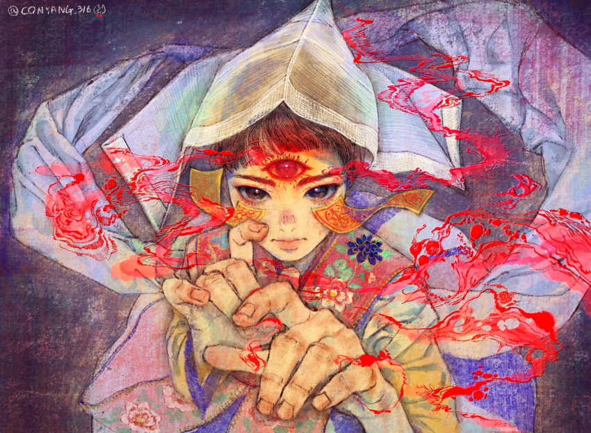 1girl aiming_at_viewer bangs black_eyes brown_hair closed_mouth conyang_316 fighting_stance fingernails fire floating_hair floral_print from_above hanbok hands_up highres korean_clothes lips long_sleeves looking_at_viewer magic original red_eyes solo talisman third_eye traditional_media twitter_username upper_body veil