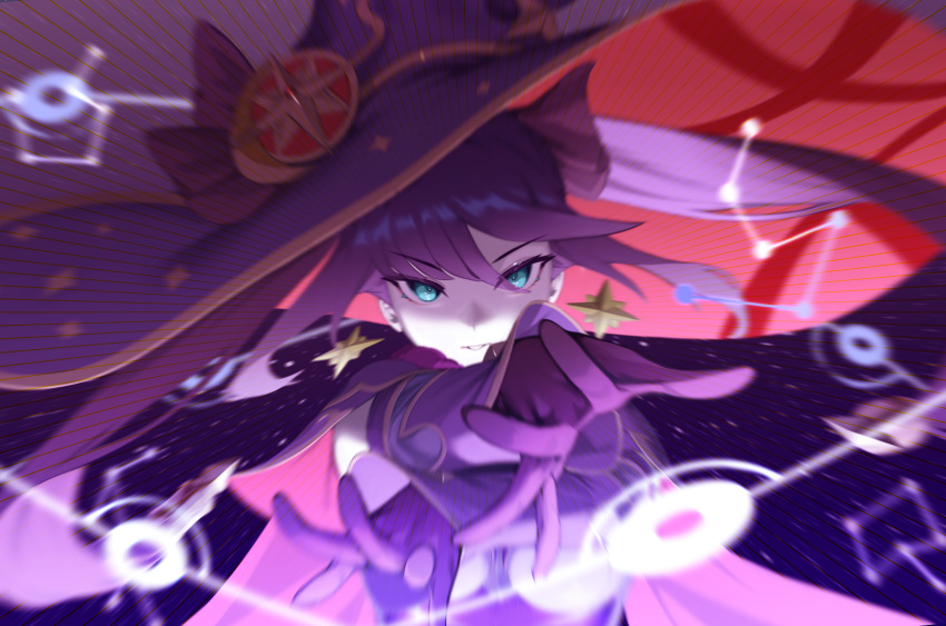1girl absurdres blue_eyes cape elbow_gloves genshin_impact gloves hat highres komadera looking_at_viewer mona_(genshin_impact) outstretched_arm parted_lips purple_gloves purple_hair solo witch_hat