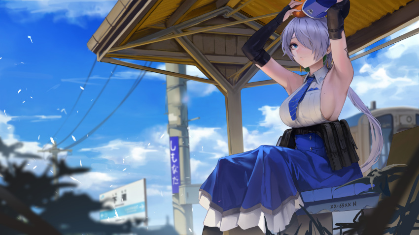 1girl absurdres arms_up bare_shoulders black_gloves blonde_hair blue_eyes blue_necktie blue_sky breast_pocket breasts bus_stop character_request closed_mouth clouds cloudy_sky collared_shirt elbow_gloves fingerless_gloves gloves goddess_of_victory:_nikke hair_over_one_eye highres hiki_niito long_skirt necktie pocket ponytail shirt sideboob sitting skirt sky sleeveless sleeveless_shirt solo white_shirt