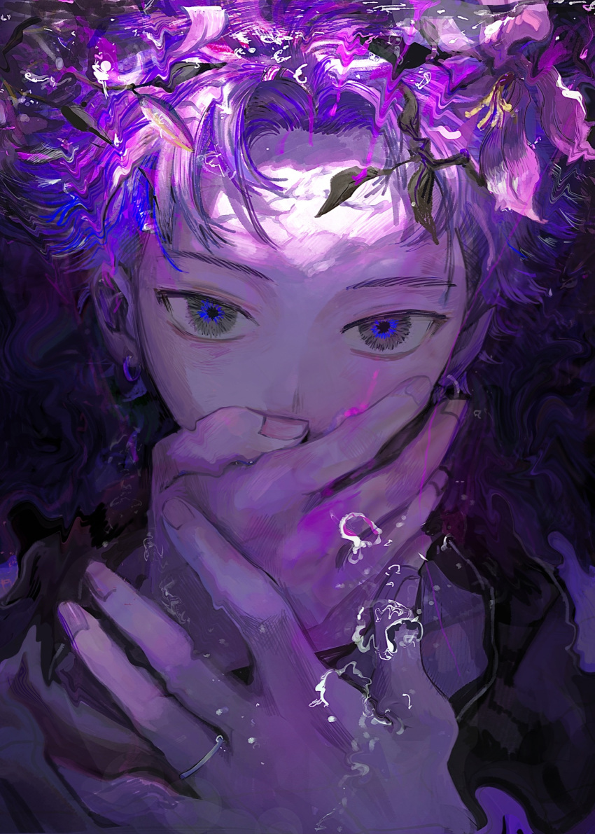 1boy air_bubble bangs blue_eyes bubble caustics covered_mouth covering_mouth earrings flower grey_eyes hand_on_own_face hand_over_own_mouth hands_up highres jewelry looking_at_viewer lowe_410 male_focus original portrait purple_flower purple_hair purple_nails ring short_hair solo submerged water