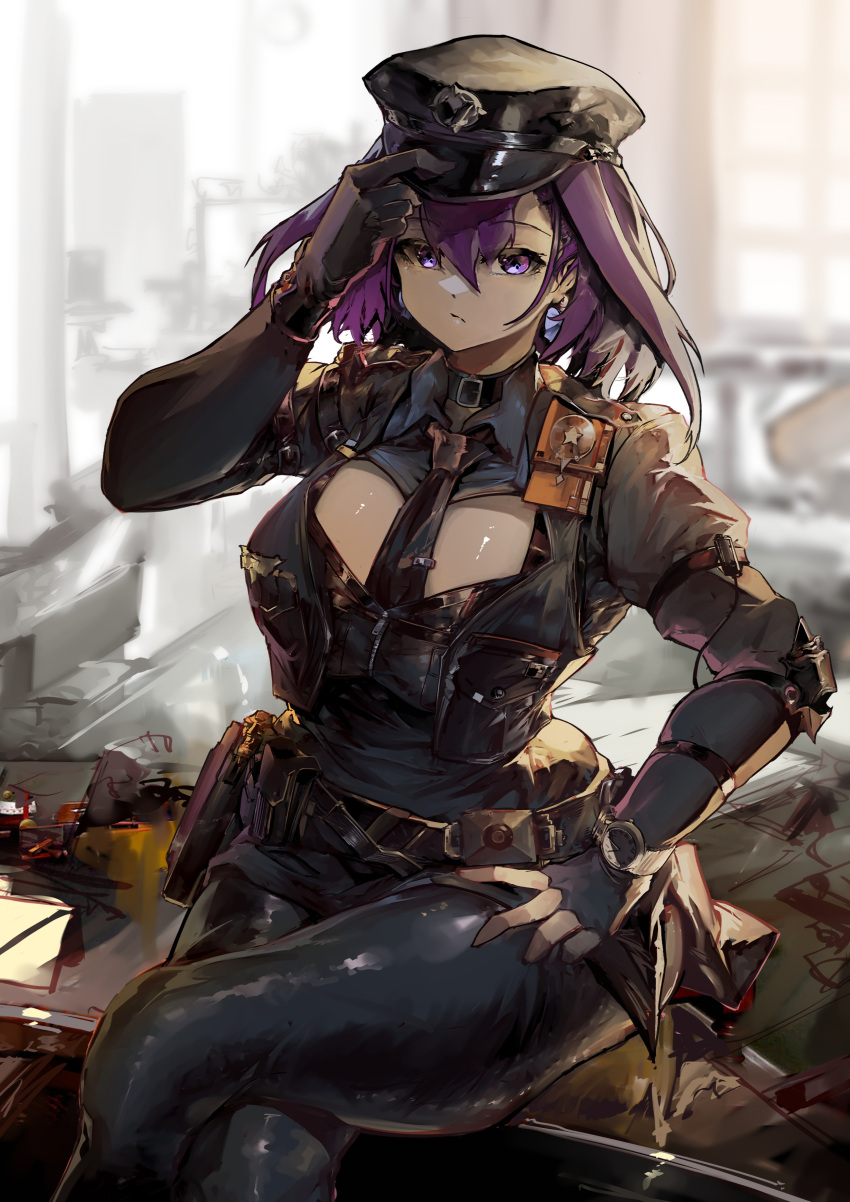 1girl absurdres belt blue_eyes blue_hair cleavage_cutout clothing_cutout gloves hair_intakes hat highres hololive hololive_english necktie ouro_kronii pants police police_hat police_uniform policewoman short_hair sitting solo uniform utility_belt virtual_youtuber vyragami