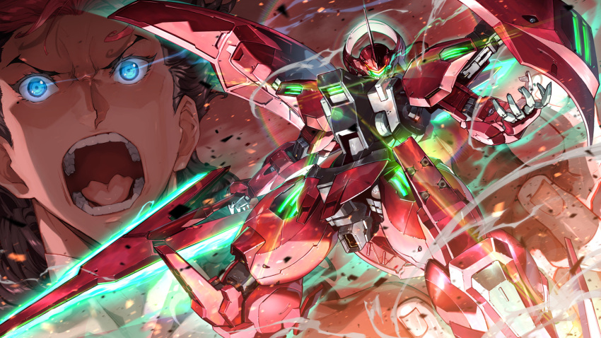 1boy assault_visor blue_eyes brown_hair darilbalde end_card glowing glowing_eyes guel_jeturk gundam gundam_suisei_no_majo hair_behind_ear holding holding_polearm holding_weapon horns kuri_giepi lance looking_at_viewer looking_up mecha mobile_suit mole mole_under_eye official_art open_hand pink_hair polearm robot science_fiction single_horn v-shaped_eyebrows weapon