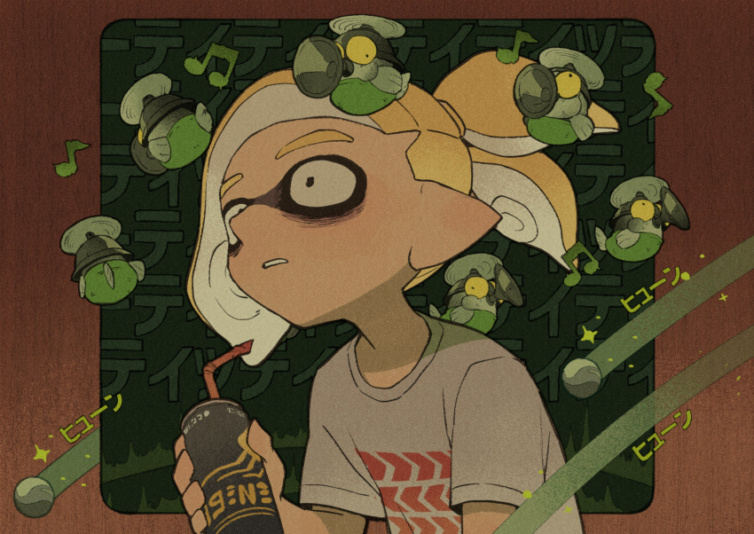 absurdres bags_under_eyes blonde_hair can commentary_request drinking_straw fish_stick_(splatoon) highres holding holding_can inkling inkling_boy iwamushi male_focus musical_note ponytail salmon_run salmonid shirt short_sleeves splatoon_(series) splatoon_3 t-shirt tentacle_hair upper_body white_shirt