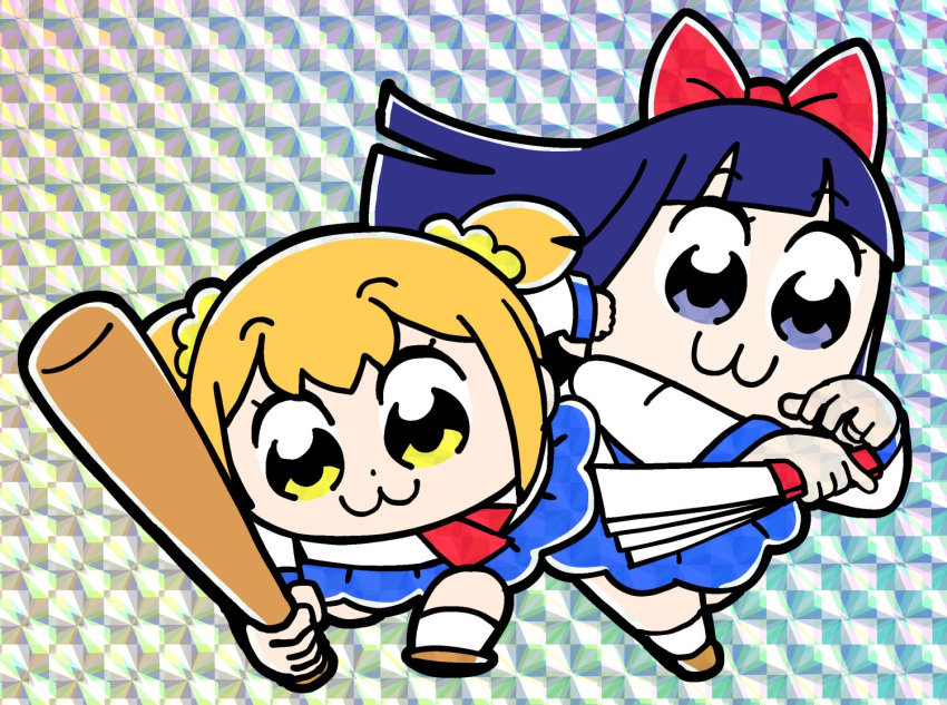 2girls :3 bangs baseball_bat bkub blue_eyes blue_hair blue_sailor_collar blue_skirt bow brown_footwear clenched_hand commentary_request hair_bow hair_ornament hair_scrunchie hand_fan harisen holding holding_baseball_bat holding_fan incoming_attack long_hair multicolored_background multiple_girls neckerchief orange_hair pipimi poptepipic popuko red_bow red_neckerchief sailor_collar school_uniform scrunchie serafuku shoes short_hair short_twintails sidelocks skirt swinging twintails two_side_up yellow_eyes yellow_scrunchie