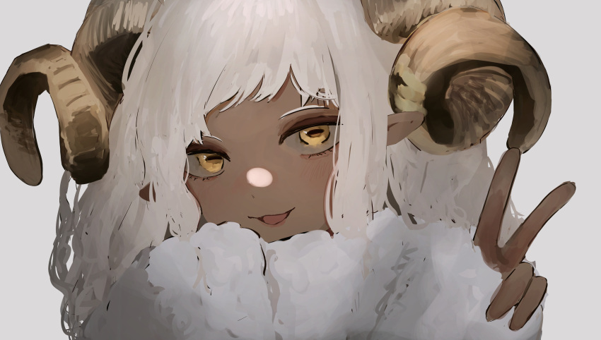 1girl absurdres animal_ears bangs dark-skinned_female dark_skin fluffy goat_ears goat_girl goat_horns hand_up highres horizontal_pupils horns long_hair looking_at_viewer open_mouth original personification pikuson pointy_ears portrait sheep simple_background upper_body v white_background white_hair yellow_eyes