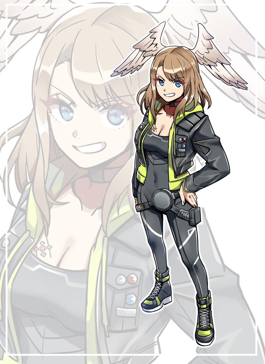 1girl absurdres blue_eyes bodysuit brown_hair chest_tattoo collar covered_navel eunie_(xenoblade) full_body grin hand_on_hip head_wings highres hood hooded_jacket jacket silou_b smile tattoo xenoblade_chronicles_(series) xenoblade_chronicles_3