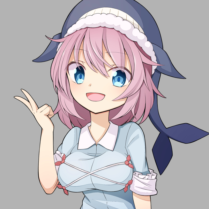 1girl animal_hat blue_eyes blue_headwear blue_shirt breasts hat hekkmushi highres large_breasts medium_hair okunoda_miyoi open_mouth pink_hair shirt smile solo touhou whale whale_hat