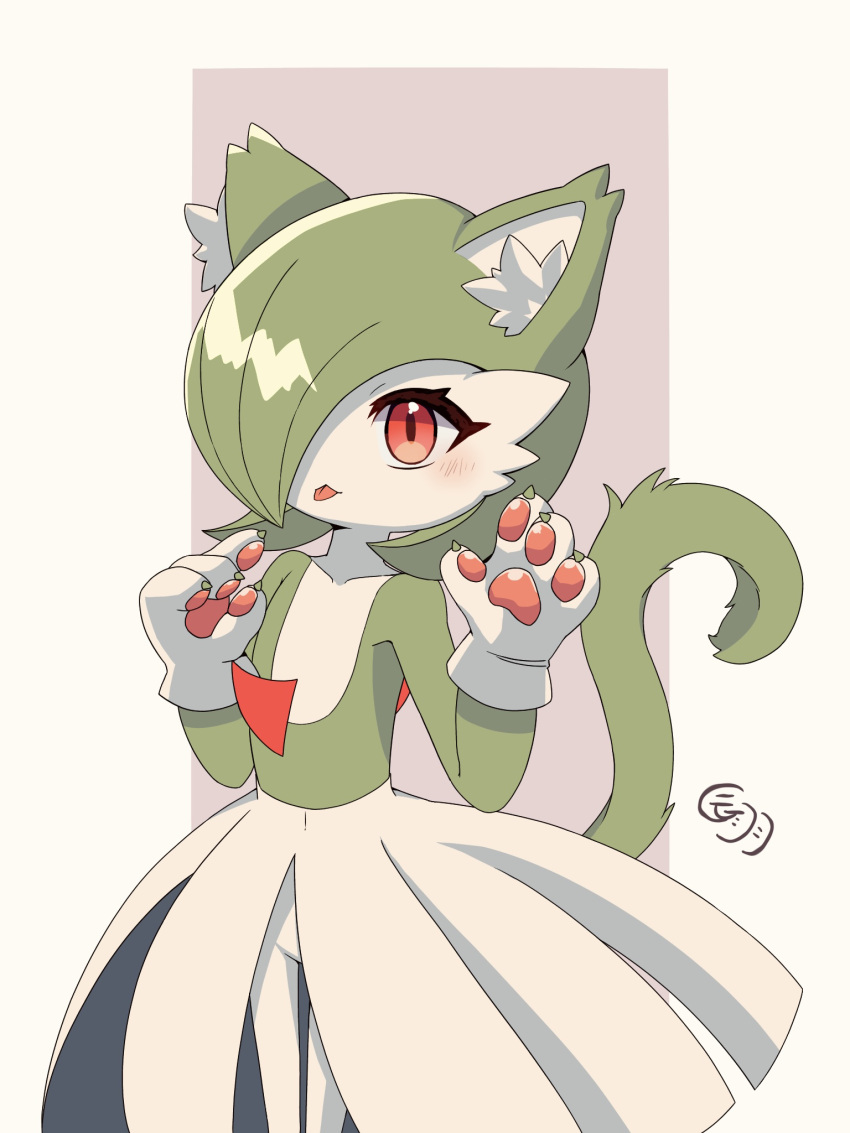 1girl :&lt; animal_ear_fluff animal_ears animal_hands artist_name bangs blush bob_cut border cat_ears cat_girl cat_tail closed_mouth collarbone colored_skin commentary_request cowboy_shot flat_chest gardevoir gloves green_hair green_skin hair_over_one_eye hands_up highres looking_at_viewer multicolored_skin one_eye_covered outside_border partial_commentary paw_gloves pokemon pokemon_(creature) purple_background red_eyes shinba_(sinba812) shiny shiny_hair short_hair signature simple_background solo standing tail tail_raised tongue tongue_out two-tone_skin white_border white_gloves white_skin
