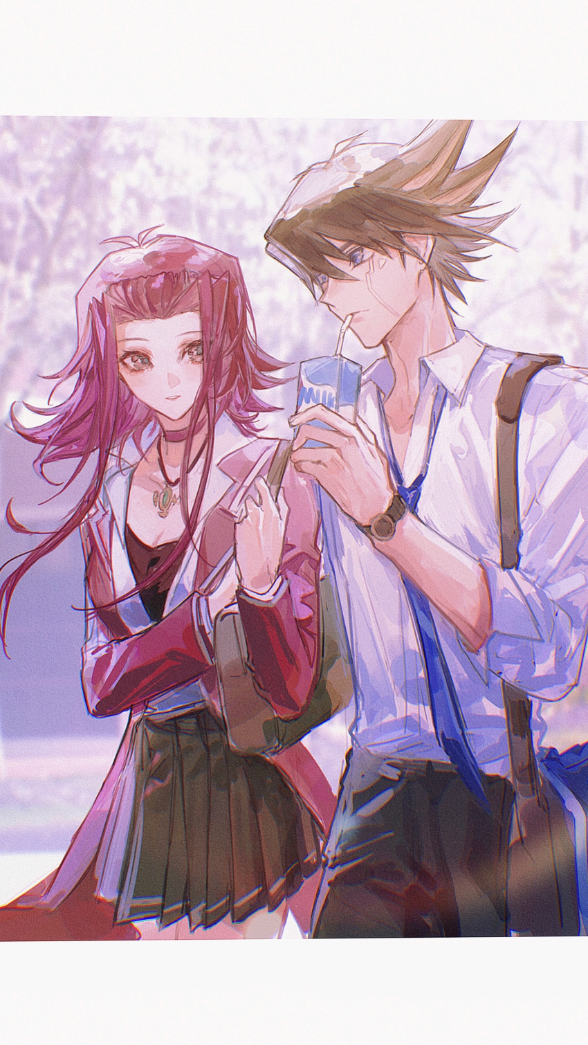 1boy 1girl absurdres alternate_costume bag black_hair black_pants black_skirt blue_eyes blue_necktie border brown_eyes brown_hair choker collarbone collared_shirt cowboy_shot day dress_shirt drinking drinking_straw facial_mark floating_hair fudou_yuusei hair_between_eyes hair_ornament hairpin highres izayoi_aki jacket jewelry letterboxed long_hair long_sleeves looking_at_another milk_carton miniskirt multicolored_hair naoki_(2rzmcaizerails6) necktie open_clothes open_jacket outdoors pants pendant pleated_skirt red_choker red_jacket redhead school_uniform shirt skirt spiky_hair standing two-tone_hair watch white_border white_shirt wing_collar yu-gi-oh! yu-gi-oh!_5d's