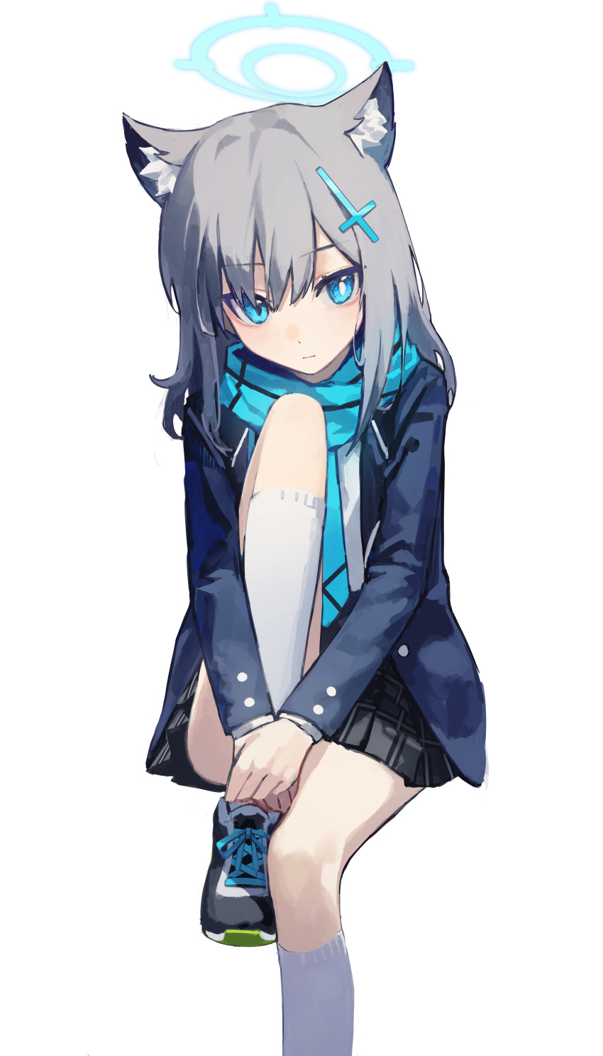 1girl absurdres animal_ear_fluff animal_ears bangs blue_archive blue_eyes blue_jacket blue_ribbon blue_scarf cat_ears closed_mouth cross_hair_ornament grey_hair grey_skirt hair_between_eyes hair_ornament highres hugging_own_legs jacket kneehighs long_hair long_sleeves looking_at_viewer miniskirt mismatched_pupils open_clothes open_jacket plaid plaid_skirt pleated_skirt ribbon scarf shiroko_(blue_archive) simple_background sitting skirt socks solo white_background white_socks yoon_cook