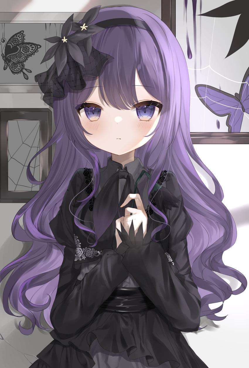 1girl absurdres asahina_mafuyu black_dress black_hairband bug butterfly closed_mouth commentary dress hairband highres indoors juliet_sleeves long_hair long_sleeves looking_at_viewer okome2028 own_hands_together project_sekai puffy_sleeves purple_hair silk solo spider_web symbol-only_commentary violet_eyes