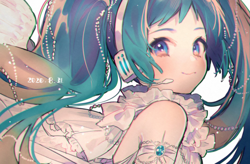 1girl aqua_hair armlet bangs bare_shoulders beads blue_eyes blue_gemstone closed_mouth dated feathered_wings from_side gem hair_beads hair_ornament hatsune_miku headset highres kouhara_yuyu long_hair looking_at_viewer looking_to_the_side portrait sleeveless smile solo twintails vocaloid white_wings wings