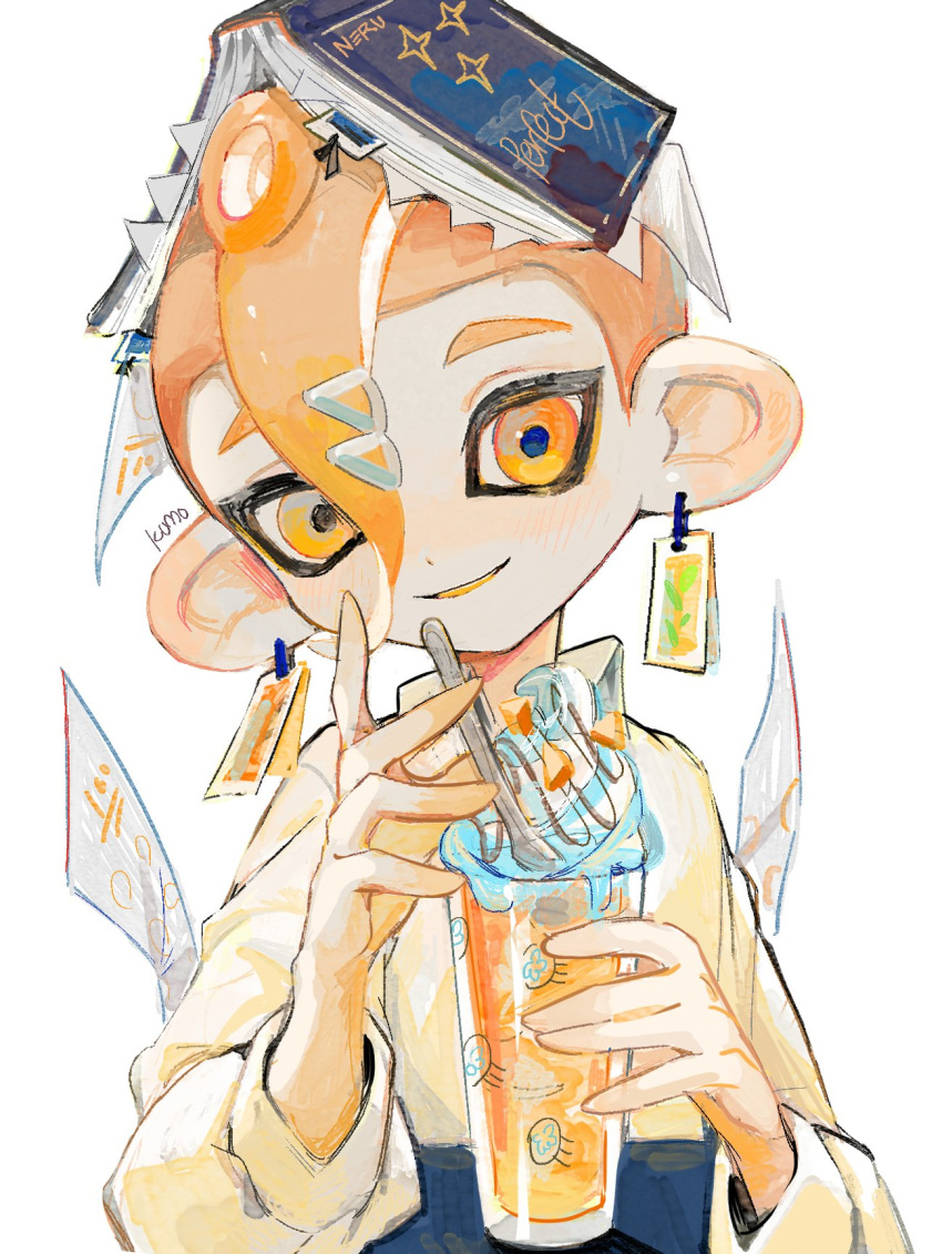 1boy blush book book_on_head commentary cup earrings hair_between_eyes highres holding holding_cup jewelry kumo_(kumo_hsc0216) long_sleeves looking_at_viewer male_focus object_on_head octoling octoling_boy orange_eyes orange_hair parted_lips shirt simple_background solo splatoon_(series) symbol-only_commentary tentacle_hair upper_body white_background white_shirt