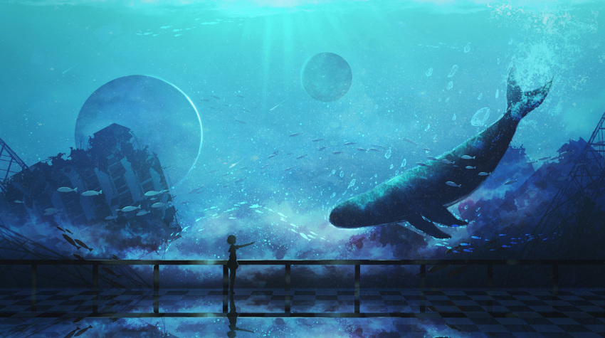 1girl absurdres blue_theme bubble building checkered_floor fish highres lxc moon original railing reflection rubble sailor_collar scaffolding scenery school_of_fish school_uniform serafuku short_hair skirt space tile_floor tiles underwater whale wide_shot