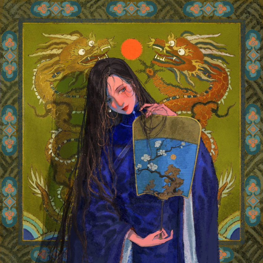 1other androgynous animal_ears blue_eyes blue_robe branch changpao chinese_clothes chinese_commentary closed_mouth day_and_night dragon eastern_dragon elyonlz embroidery flower full_moon hair_over_eyes hair_strand hand_fan hand_up head_tilt highres holding holding_fan light_smile lipstick long_hair long_sleeves looking_away makeup moon nail_polish original painting_(object) red_lips red_nails red_sun robe sideways_glance upper_body very_long_hair white_flower wide_sleeves