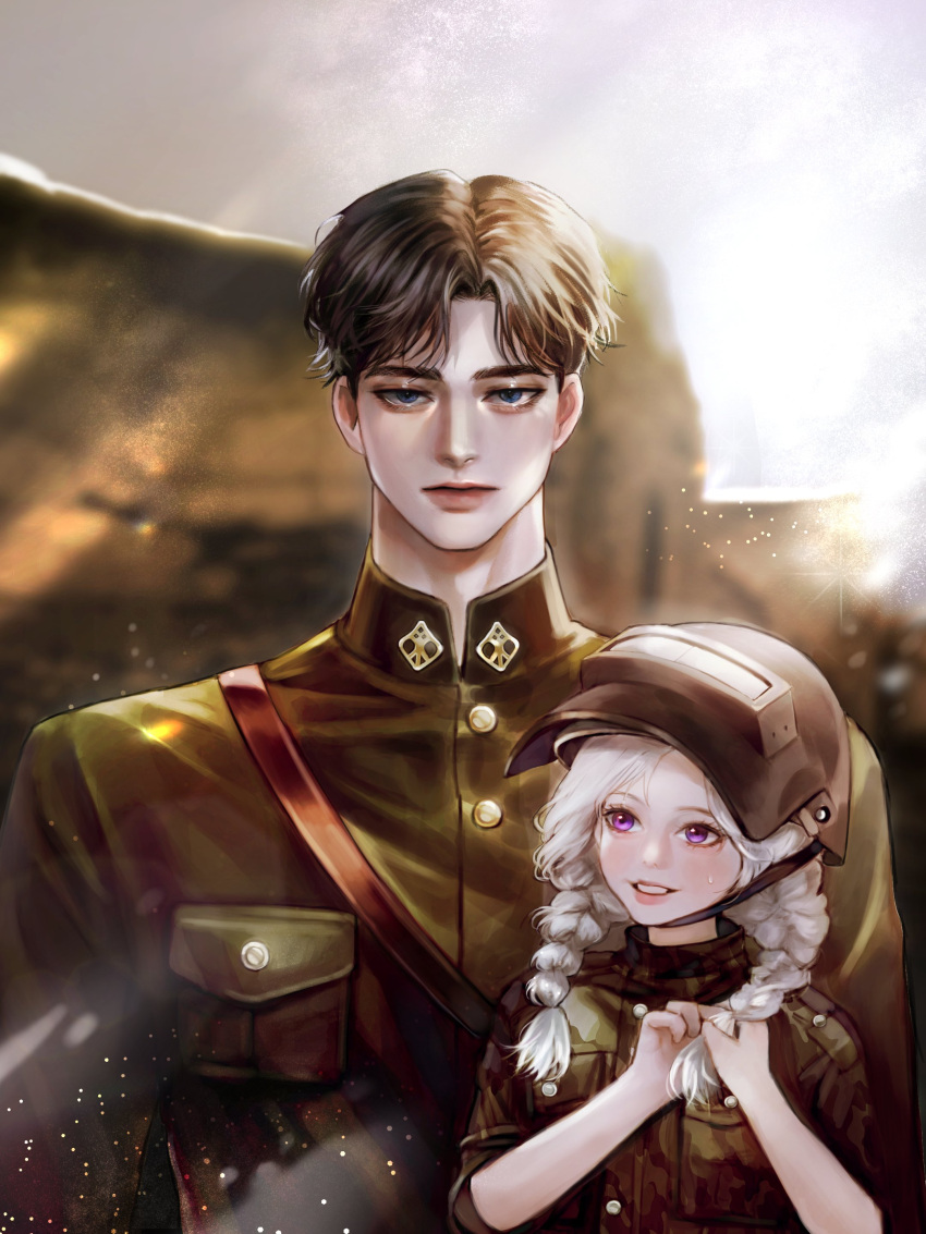 1boy 1girl absurdres black_hair blue_eyes braid child commission cover cover_page female_child haseonyeon highres korean_commentary light_particles looking_at_another looking_at_viewer military military_uniform novel_cover original short_hair sleeves_rolled_up sunlight sweatdrop twin_braids uniform violet_eyes welding_mask white_hair