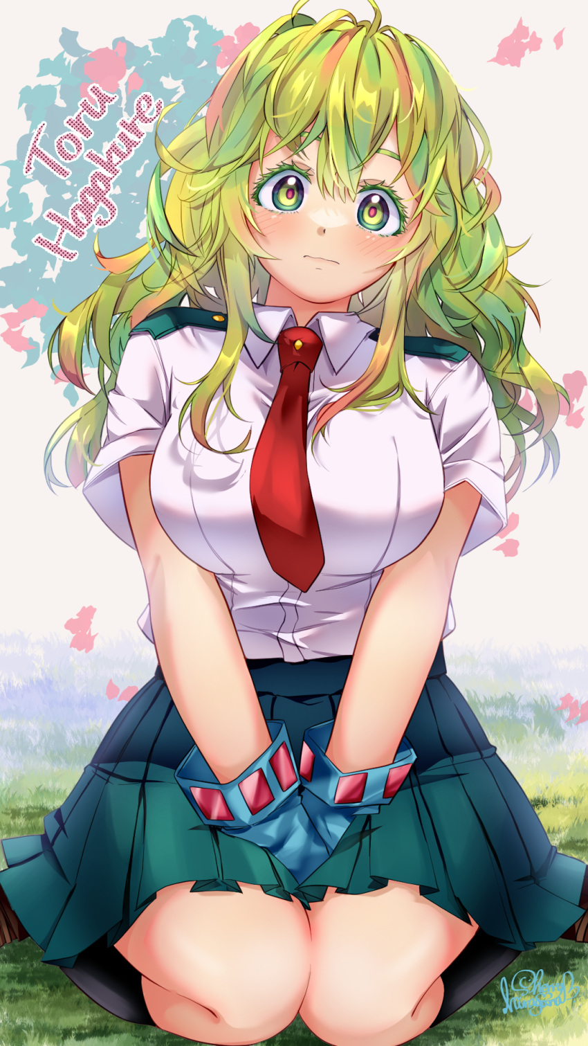 1girl ahoge bangs black_socks blue_gloves boku_no_hero_academia breasts brown_footwear character_name clip_studio_paint_(medium) closed_mouth collared_shirt commentary_request full_body gloves grass green_eyes green_hair green_skirt hagakure_tooru hair_between_eyes highres hiragana_sherry kneehighs large_breasts long_hair looking_at_viewer making-of_available messy_hair necktie on_grass pink_hair pleated_skirt red_necktie school_uniform shadow shirt shoes short_sleeves sidelocks signature sitting skirt socks solo thick_eyelashes u.a._school_uniform unusually_visible wariza white_shirt