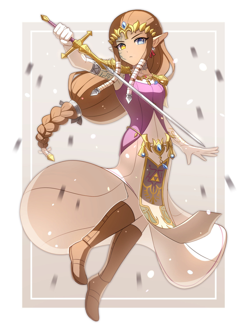 1girl blue_eyes boots brown_footwear brown_hair corruption dress earrings elbow_gloves enni full_body gloves hair_tubes heterochromia highres holding holding_sword holding_weapon jewelry long_hair looking_at_viewer low-tied_long_hair pointy_ears princess_zelda solo sword the_legend_of_zelda the_legend_of_zelda:_twilight_princess tiara weapon white_gloves yellow_eyes