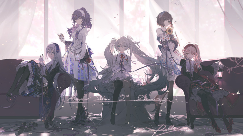 1other 25-ji_miku 25-ji_night_code_de._(project_sekai) 4girls absurdres akiyama_mizuki androgynous ankle_strap anniversary apple aqua_eyes art_brush artist_name asahina_mafuyu backlighting barefoot black_dress black_pantyhose black_thighhighs blue_eyes brown_eyes brown_hair bubble closed_mouth collared_dress colored_eyelashes copyright_name couch curtains daffodil dot_nose dress drill_hair elbow_rest expressionless fingernails flower food frilled_dress frilled_sleeves frills fringe_trim fruit full_body grey_hair grey_nails hair_between_eyes half-closed_eyes hand_on_own_stomach hatsune_miku head_rest heterochromia high_collar high_heels high_ponytail highres holding holding_brush holding_flower holding_food holding_fruit holding_lantern holding_mask indoors juliet_sleeves knees_together_feet_apart lace lace-trimmed_sleeves lace_trim lantern layered_dress light_particles light_smile long_hair long_sleeves looking_at_viewer mask medallion multiple_girls music_box neck_ribbon no_shoes on_couch own_hands_together paintbrush pale_color pantyhose petals pink_eyes project_sekai puffy_sleeves purple_hair purple_ribbon red_footwear red_ribbon rella ribbon shinonome_ena shiny shiny_hair shoes shoes_removed short_dress short_hair side_drill sideways_glance single_bare_leg single_thighhigh sitting standing sunflower tassel thigh-highs twintails underbust very_long_hair violet_eyes vocaloid wavy_hair white_dress white_flower white_ribbon wide_sleeves window wrist_ribbon yellow_flower yoisaki_kanade