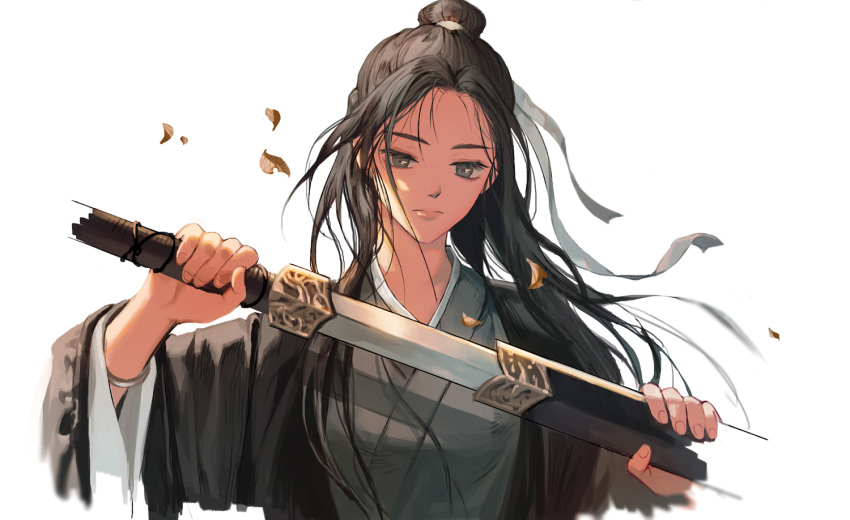 1girl black_eyes black_hair bracelet expressionless hair_bun hair_ribbon holding holding_sword holding_weapon jewelry korean_commentary leaf long_hair long_sleeves looking_at_object original ribbon saeldam sheath solo sword unsheathing upper_body weapon white_background wide_sleeves