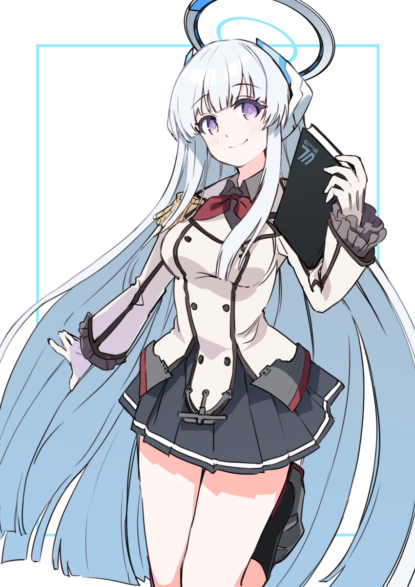 1girl absurdres anchor_symbol bangs black_skirt black_socks blue_archive blush breasts commission commissioner_upload cosplay epaulettes frilled_sleeves frills gloves hand_up highres holding holding_notebook jacket k_einosuke kantai_collection kashima_(kancolle) kashima_(kancolle)_(cosplay) long_hair long_sleeves looking_at_viewer mechanical_halo medium_breasts military military_jacket military_uniform miniskirt neckerchief noa_(blue_archive) non-web_source notebook pleated_skirt red_neckerchief shoes sidelocks simple_background skeb_commission skirt smile socks solo uniform very_long_hair violet_eyes white_background white_gloves white_hair