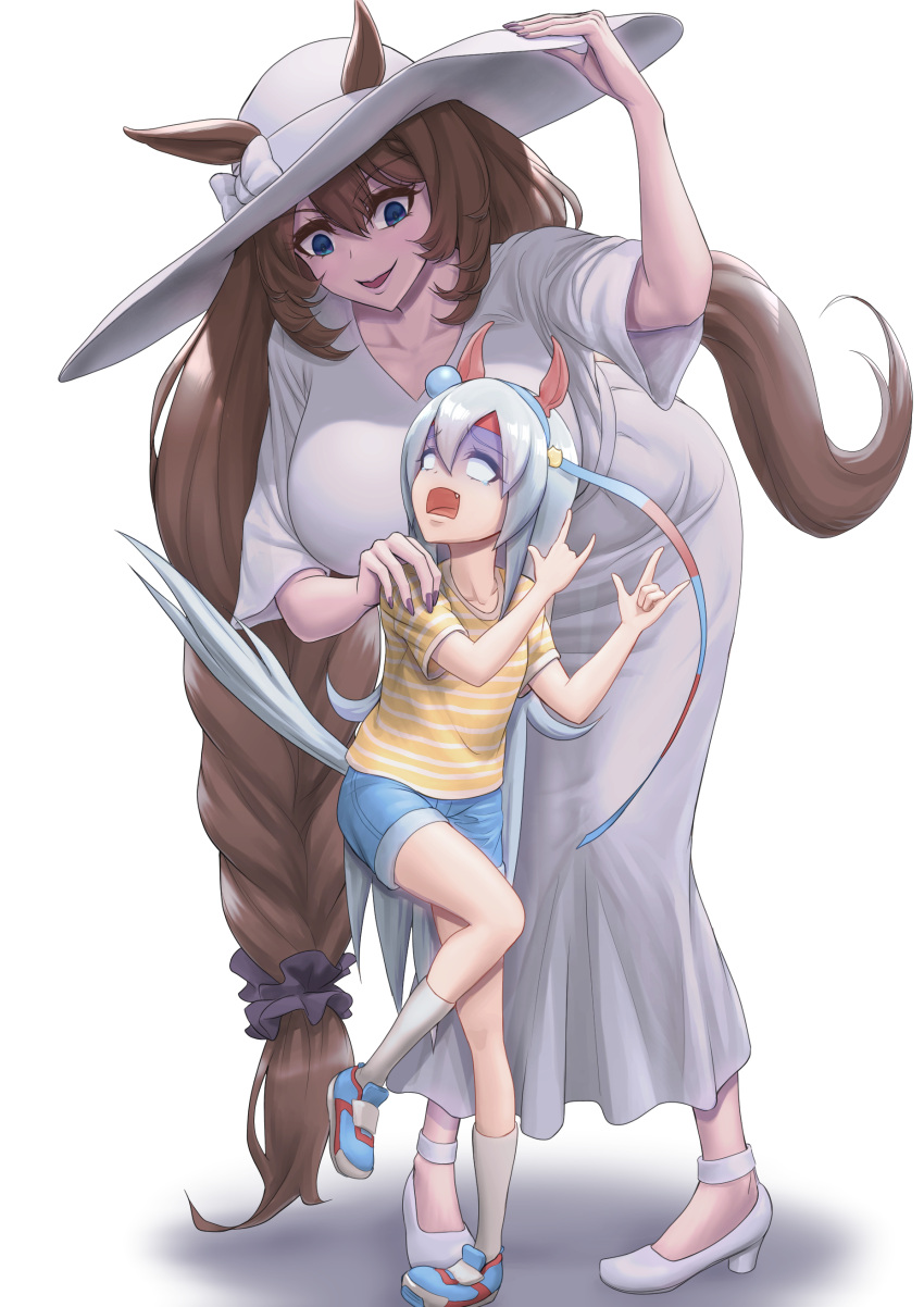 2girls absurdres animal_ears blue_eyes blue_shorts breasts brown_hair collarbone cosplay dress ear_covers ears_through_headwear grey_hair hair_between_eyes hasshaku-sama hat headband high_heels highres horse_ears horse_girl horse_tail huge_breasts long_hair multiple_girls open_mouth scared shibakarisena shirt short_shorts shorts simple_background smile striped striped_shirt sun_hat sundress super_creek_(umamusume) tail tall_female tamamo_cross_(umamusume) turn_pale two-tone_shirt umamusume very_long_hair white_background white_dress white_footwear white_headwear yellow_shirt