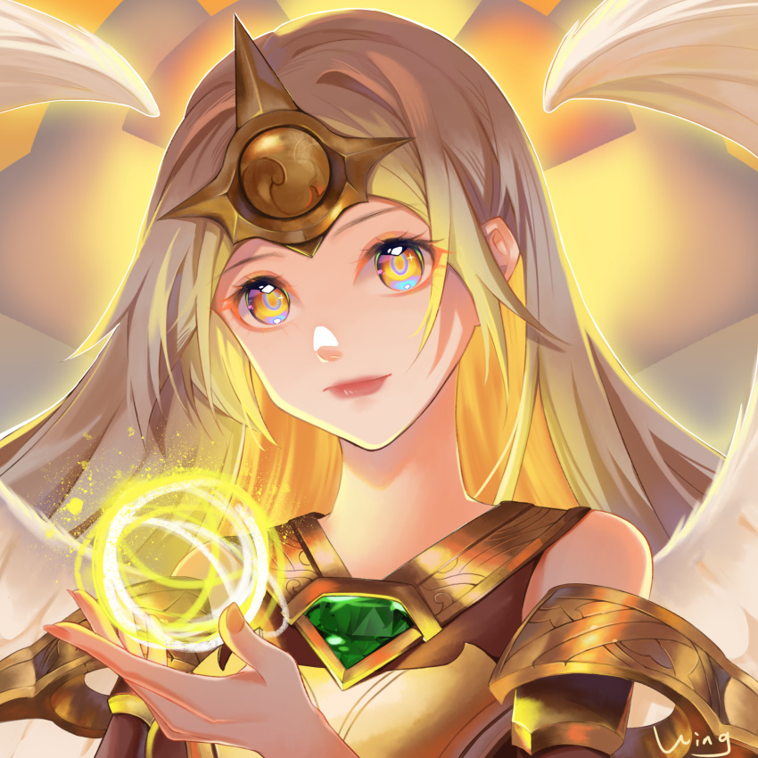 1girl armor artist_name bangs bare_shoulders blue_eyes closed_mouth commentary_request gem gold_armor hand_up highres kayle_(league_of_legends) league_of_legends long_hair magic multicolored_eyes orange_eyes portrait smile solo wing_(39_miku831) wings
