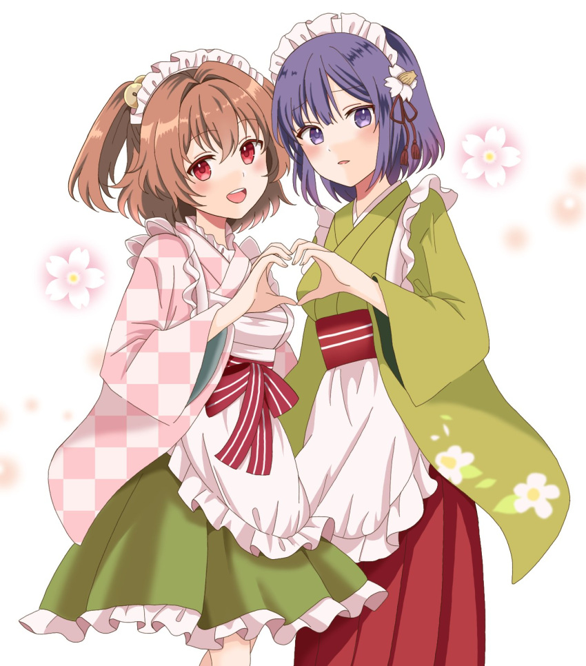 2girls adapted_costume apron bell breasts checkered_clothes checkered_kimono commentary_request floral_print frilled_apron frills green_skirt hair_bell hair_ornament hieda_no_akyuu highres japanese_clothes kimono long_sleeves maid_headdress motoori_kosuzu multiple_girls oni_tama open_mouth orange_hair parted_lips purple_hair red_eyes red_sash red_skirt sash skirt small_breasts teeth touhou two_side_up upper_teeth violet_eyes waist_apron white_apron wide_sleeves yellow_kimono