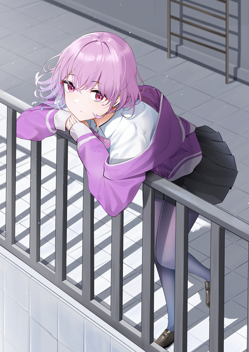 1girl against_railing black_footwear black_skirt blush bow bowtie closed_mouth collared_shirt gridman_universe highres jacket ladder leaning_forward leg_up loafers long_sleeves looking_at_viewer miniskirt off_shoulder open_clothes open_jacket own_hands_together pantyhose pleated_skirt purple_bow purple_bowtie purple_hair purple_jacket purple_pantyhose qing_wu railing school_uniform shinjou_akane shirt shoes short_hair skirt solo ssss.gridman standing standing_on_one_leg violet_eyes white_shirt