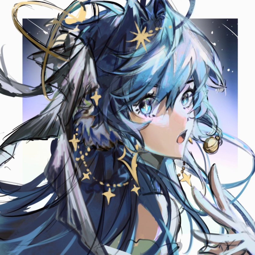 1girl arknights astesia_(arknights) astesia_(frlibre_on_the_palace)_(arknights) blue_eyes blue_hair bright_pupils earrings framed from_side hair_ornament heqing highres jewelry long_hair open_mouth outside_border portrait simple_background sketch solo star_(sky) star_(symbol) turning_around white_pupils