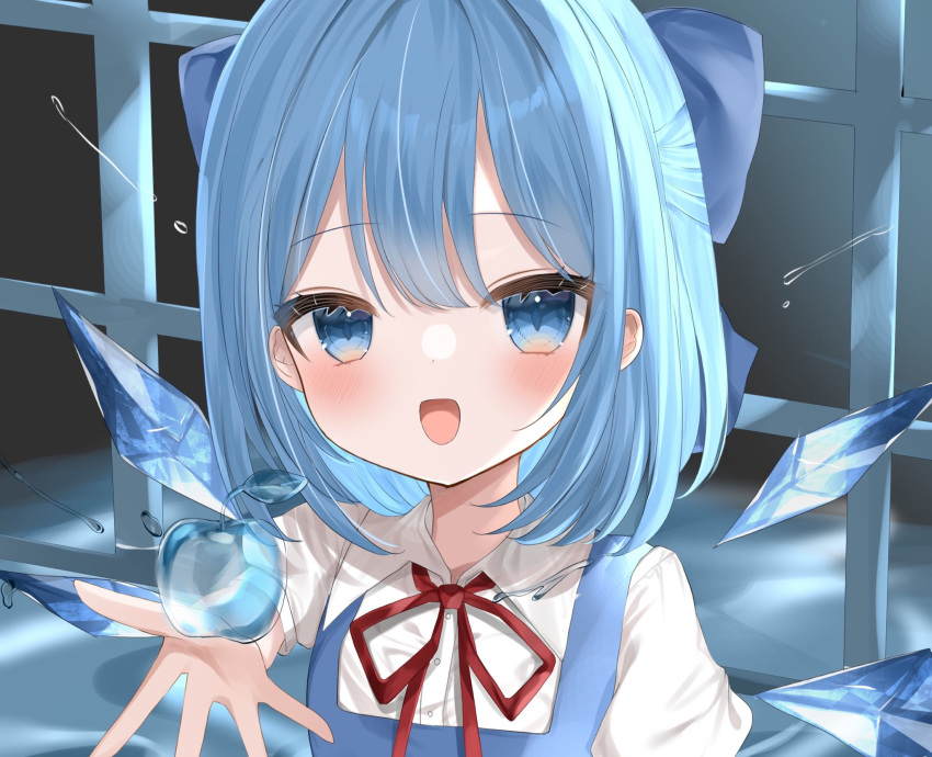 1girl apple bangs blue_bow blue_eyes blue_hair bow cirno collarbone food fruit hair_bow highres ice ice_wings looking_at_viewer okome2028 open_mouth short_hair short_sleeves solo touhou upper_body wings