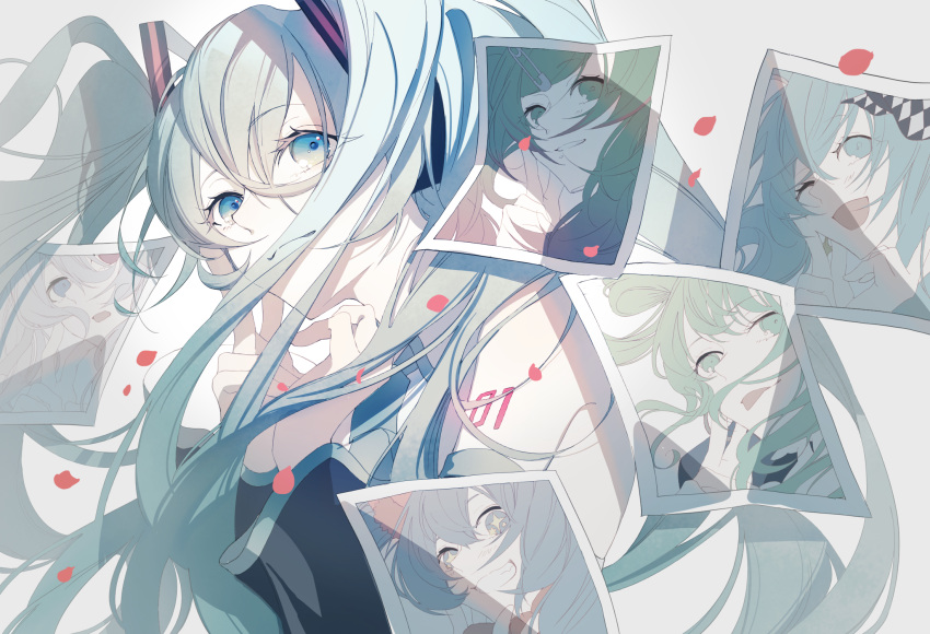 +_+ 1girl 25-ji_night_code_de._(project_sekai) :p ;d animal_ears aqua_hair backlighting bare_shoulders black_sleeves blue_eyes blue_hair bow bowtie cat_ears checkered_bow checkered_clothes detached_sleeves earrings expressionless eyelashes eyes_visible_through_hair fang floating_hair green_eyes green_hair grey_background grey_hair grin hair_between_eyes hair_bow hair_rings hands_up hatsune_miku heterochromia highres jewelry leo/need_(project_sekai) light_blush light_smile long_hair looking_afar more_more_jump!_(project_sekai) mouth_visible_through_hair multicolored_hair multiple_persona number_tattoo one_eye_closed pale_color paperclip_hair_ornament parted_lips petals photo_(object) pink_hair project_sekai rabb_horn red_bow red_bowtie shade shadow shiny shiny_hair shoulder_tattoo sideways_glance simple_background smile solo_focus sparkle_earrings straight_hair streaked_hair tattoo teeth tongue tongue_out twintails v very_long_hair vivid_bad_squad_(project_sekai) vocaloid wonderlands_x_showtime_(project_sekai)