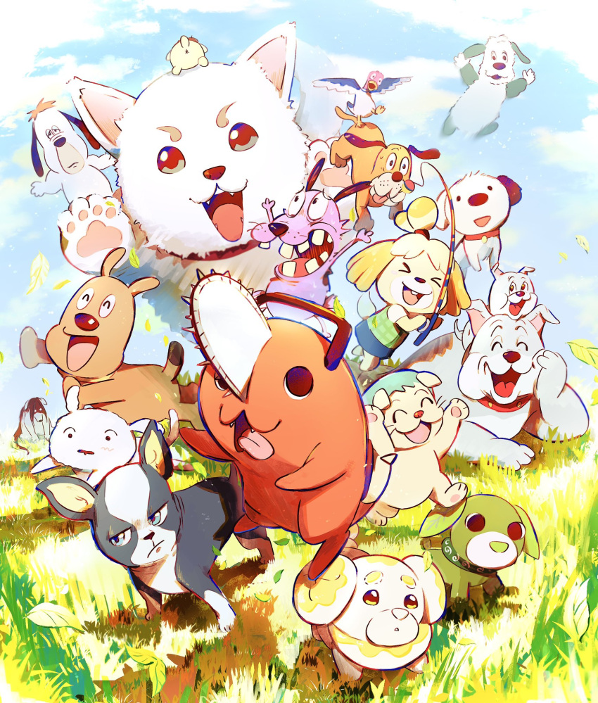 alexander_(fma) animal_crossing animal_focus anpanman bird chainsaw_man character_request cheese_(anpanman) courage_(character) courage_the_cowardly_dog crayon_shin-chan crossover dog dog_(duck_hunt) dog_girl droopy duck duck_(duck_hunt) duck_hunt fidough fishing_rod fullmetal_alchemist furry furry_female gintama hamachamu highres holding holding_fishing_rod iggy_(jojo) isabelle_(animal_crossing) jojo_no_kimyou_na_bouken metro-goldwyn-mayer multiple_crossover no_humans ochaken open_mouth pochita_(chainsaw_man) pokemon pokemon_(creature) pompompurin ryoku_(ochaken) sadaharu sanrio shiro_(shin-chan) smile spike_(tom_and_jerry) stardust_crusaders tom_and_jerry tongue tongue_out tyke_(tom_and_jerry) yellow_fur